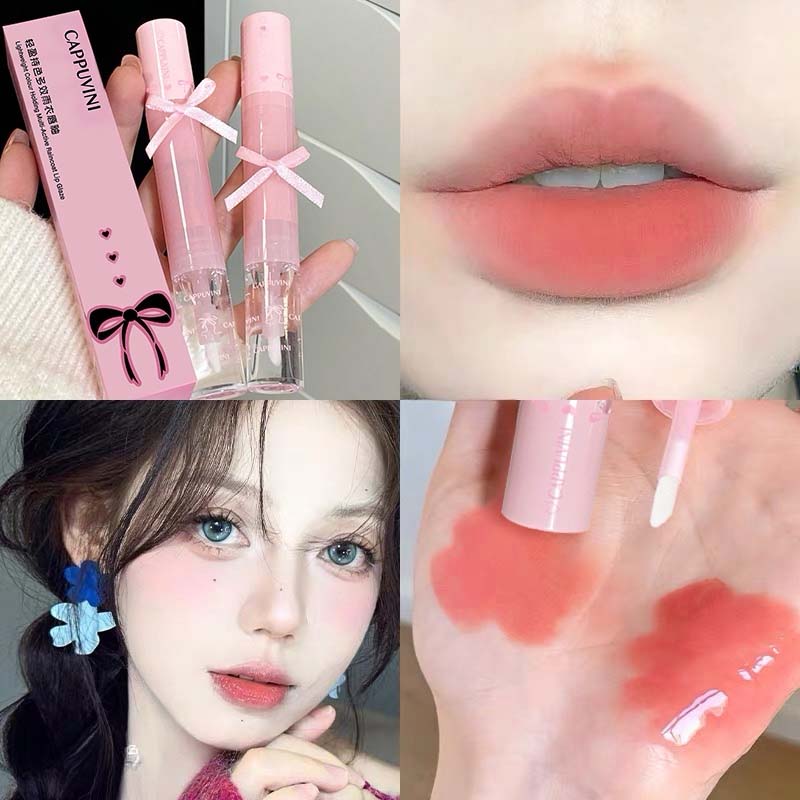 Розовый бант Легкий цветной дождевик Блеск для губ Зеркальный матовый Увлажняющий блеск для губ Помада с кисточкой для губ