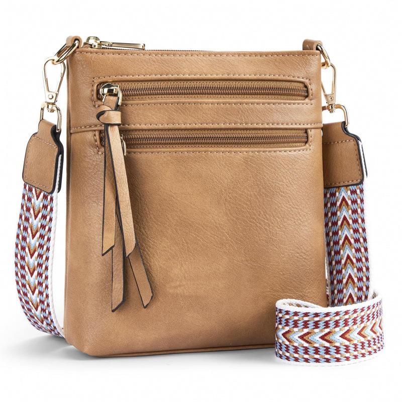 Women’s PU Leather Crossbody Bag Wide Woven Strap Multi Pocket Shoulder Bag Large Capacity Casual Messenger Purse