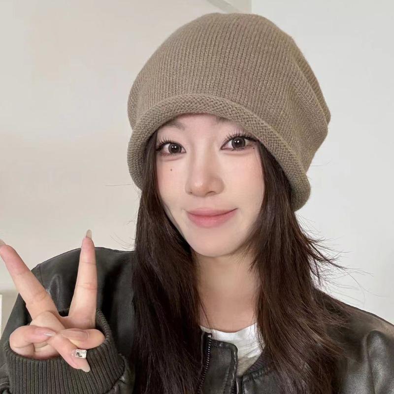 Autumn and winter cold hat women's crimping drawstring stacking hat showing small face big head circumference knitted hat pure cotton high sense