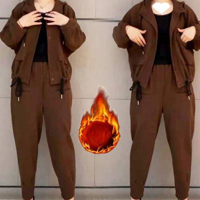 Autumn and Winter Style Loose Casual Harem Pants Two-piece Suit for Women Plus Velvet and Thickened Age-reducing Suit