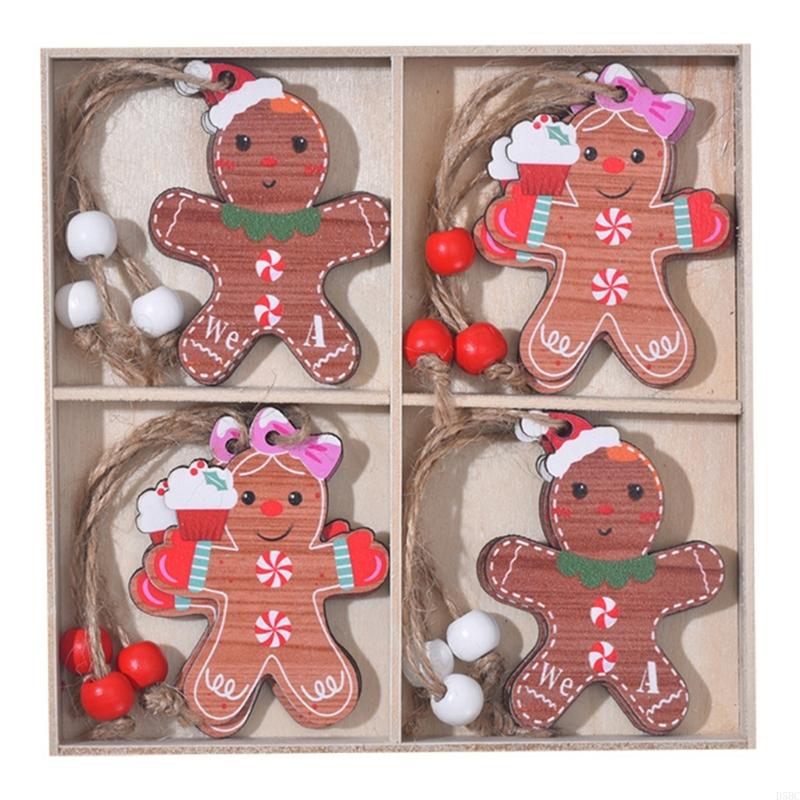 12Pcs Wooden Lovely Man Ornaments Durable Holiday Homes Decoration 4 Panel Designs for Christmas Tree Decorations