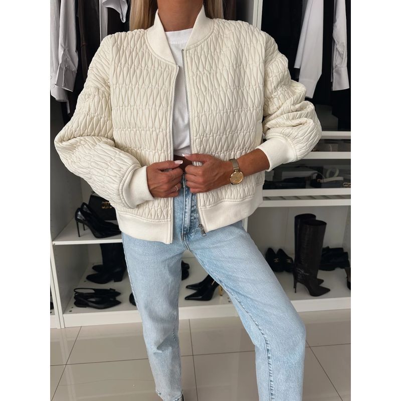 Autumn New Women clothes Western Style Solid Embroidered Short Zipper Clip Thin Gram Cotton-padded jacket High Waist Zip-up Top