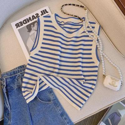 Women's Summer Cool Striped Knit Vest - Ice Silk, Sleeveless, Breathable Round Neck Top