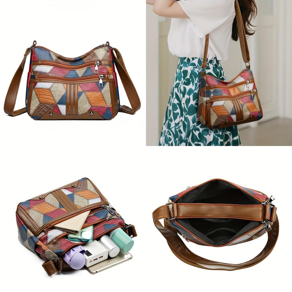 Women Geometric Pattern Synthetic Leather Crossbody Shoulder Bag Adjustable Strap Multi Color Optis for Daily Use Work Travel