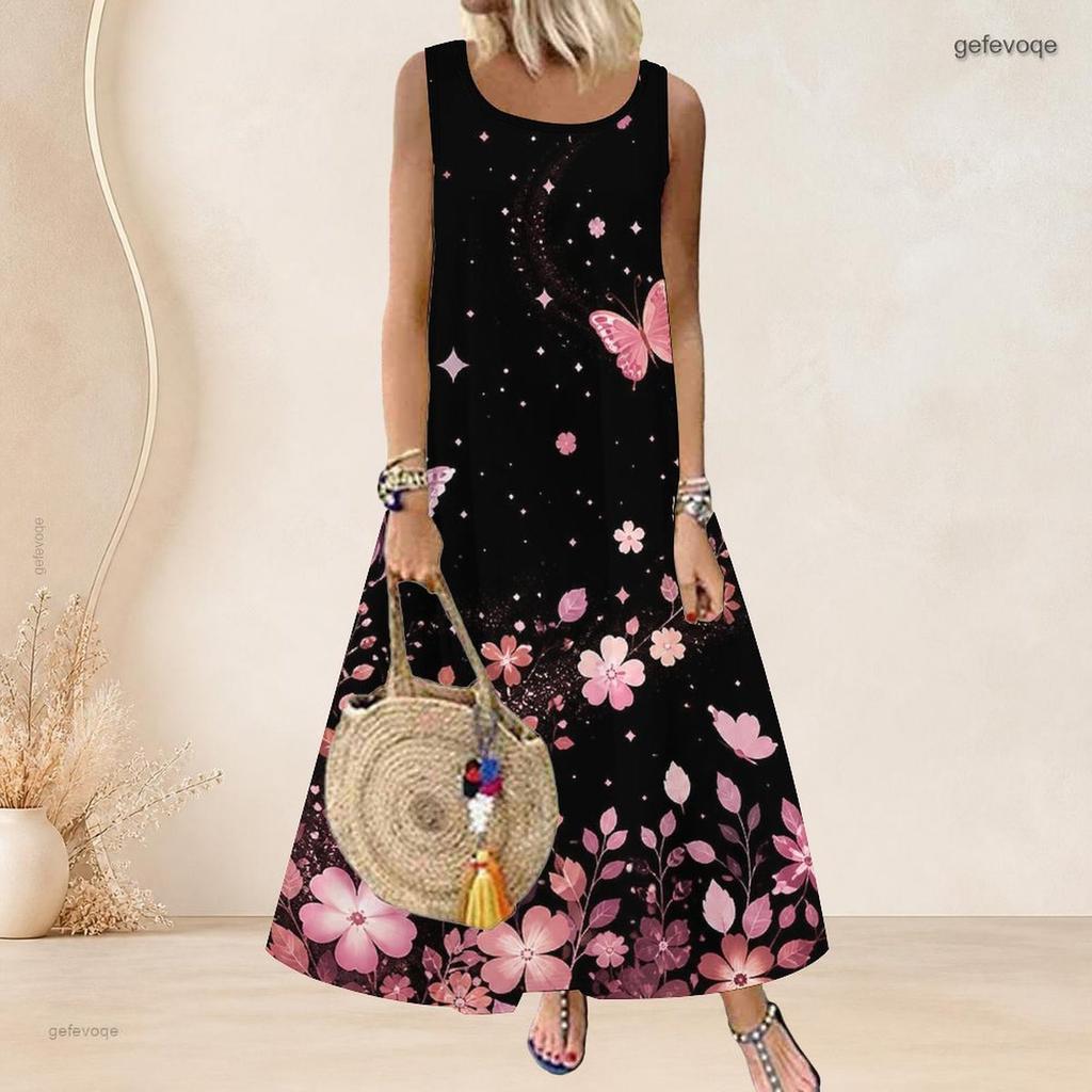 Women Plus Size Scoop Neck Sleeveless A Line Black Floral Butterfly Print Maxi Dress