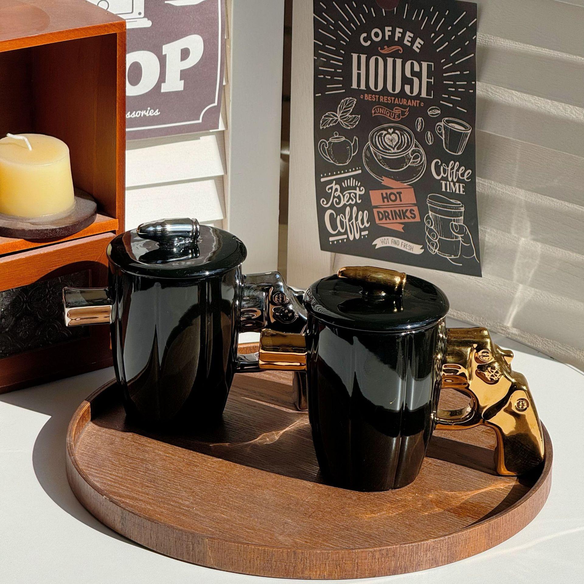 Baifenbai Home Furnishing Gold/Silver Revolver Gun Cup Ceramic Explosion-Proof Military Wind Mug Personalized Shape Coffee Cup Large Capacity Water Cup For Boyfriend