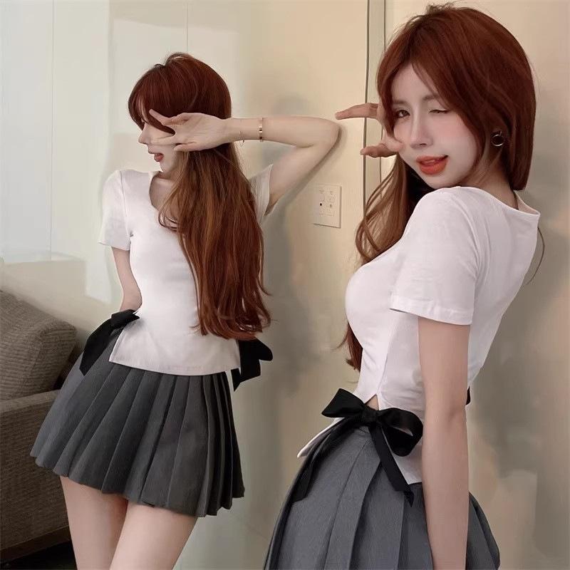 Square collar pure desire sweet spice girl showing collarbone short sleeve T-shirt women's split fork bow slim fit unique chic top