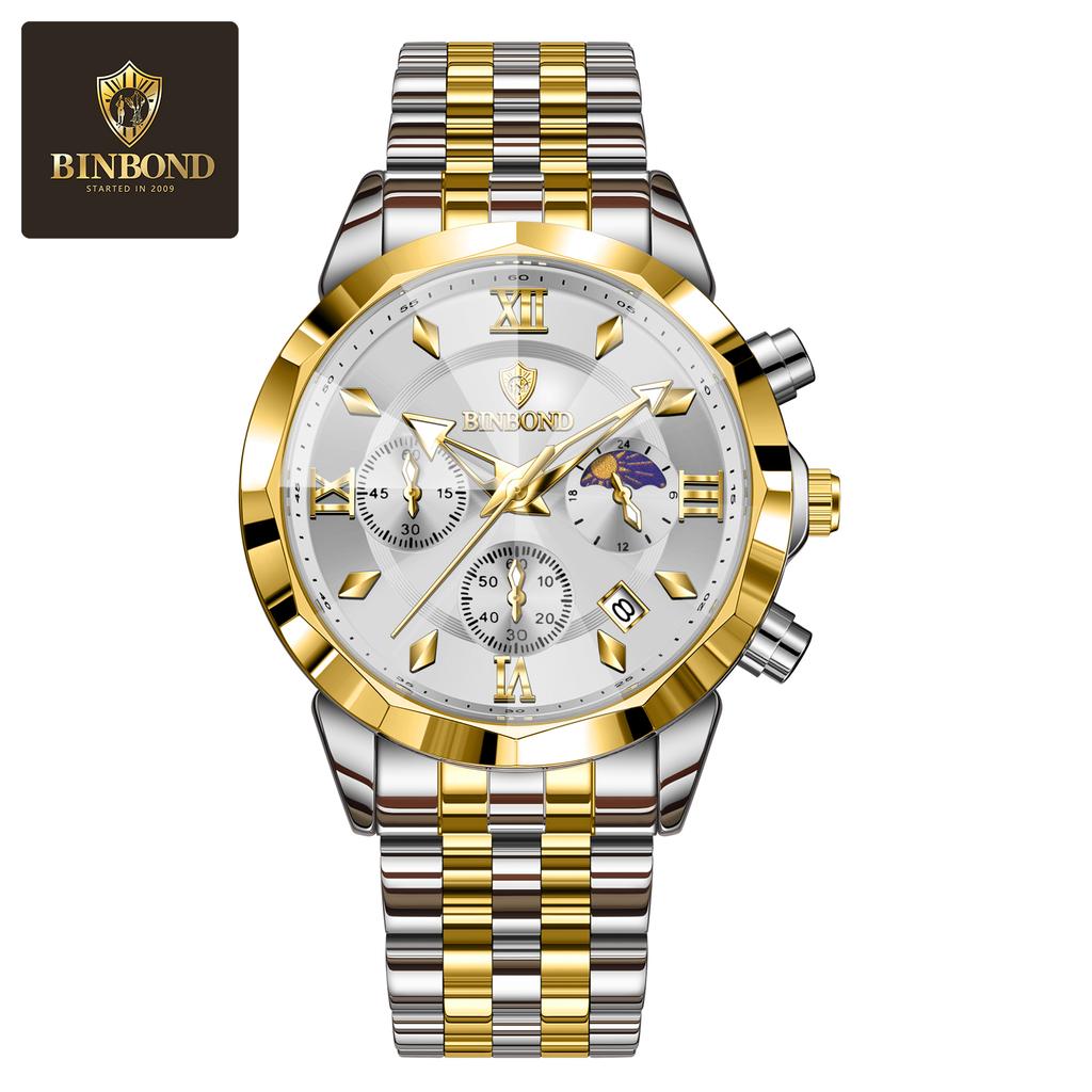 BINBOND Luxury Men's Watches Date Chronograph Stainless Steel Quartz Watch Waterproof Luminous Fashion Man Wristwatch
