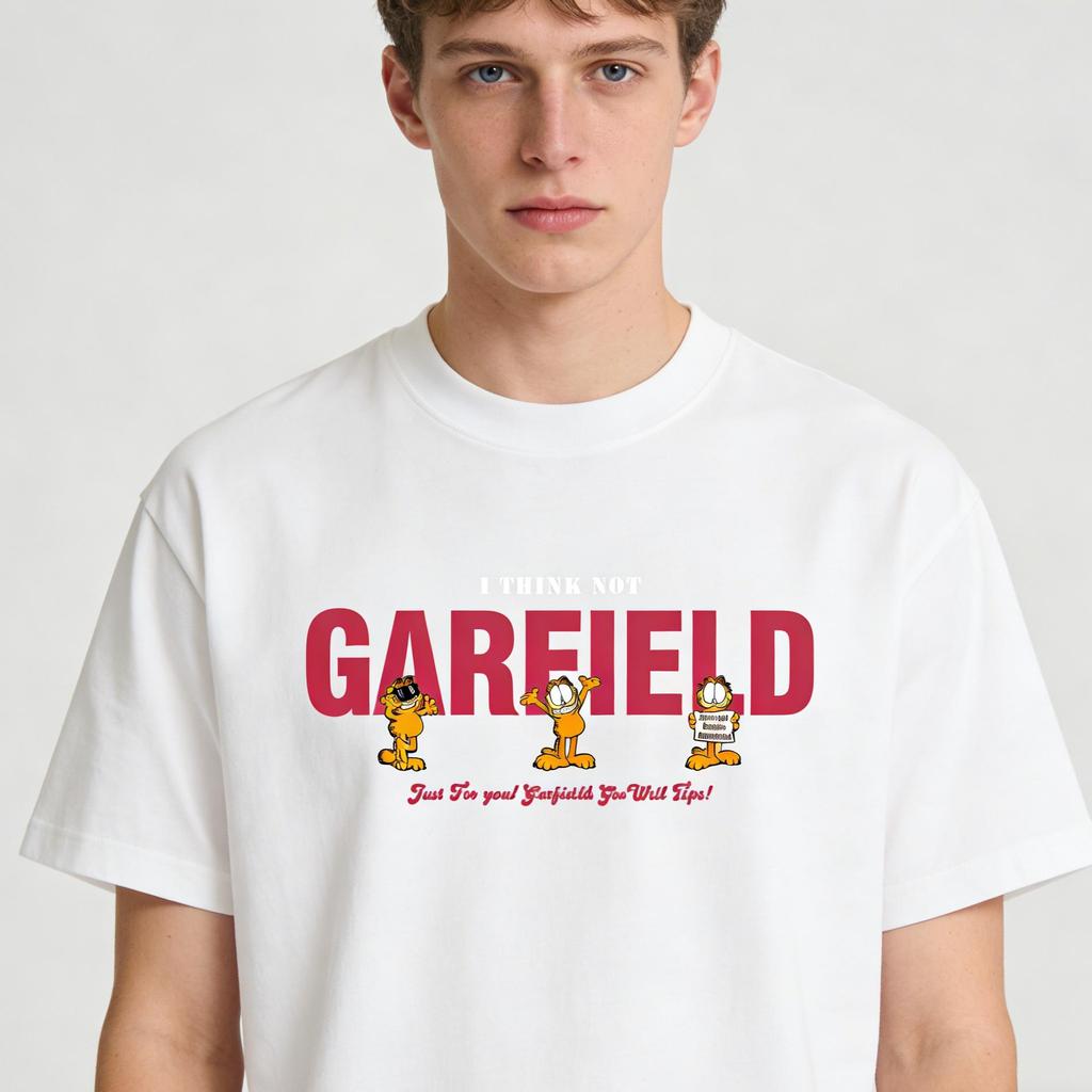 Garfield "I THINK NOT" Funny Expression Print Short Sleeve T-Shirt, American Streetwear Brand Heavyweight Cotton Loose Fit Oversized Couple Top