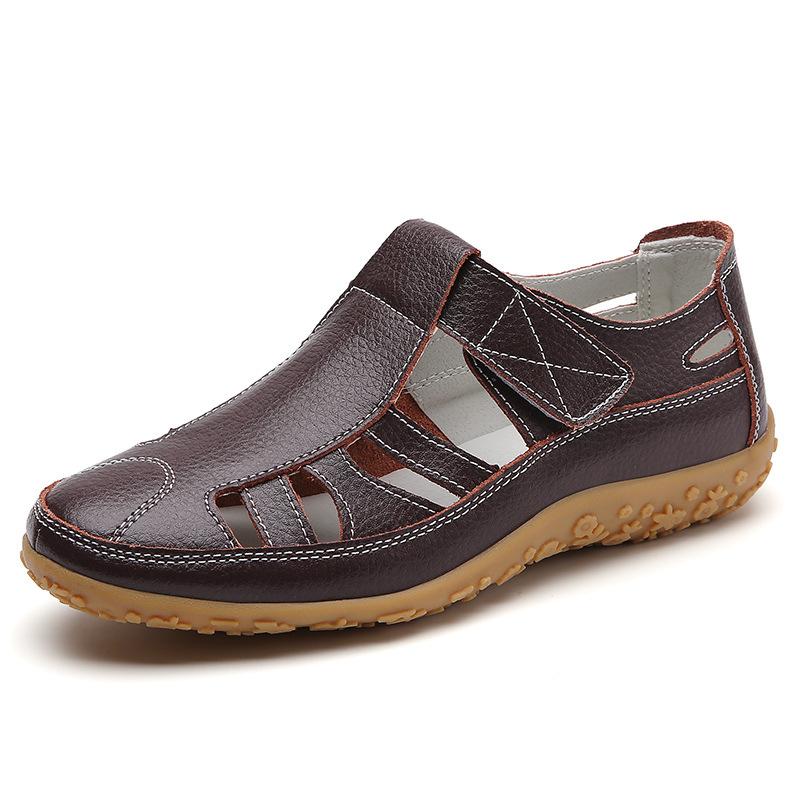 Large size 35-46 summer handmade retro sandals soft-soled mother shoes cowhide Velcro casual women's shoes