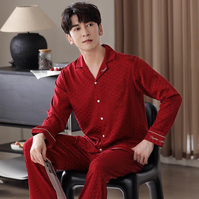 Autumn Pajamas Men'S Spring And Autumn Long-Sleeved Silk Ice Silk Loungewear Men'S Summer High-End Simulation Silk Suit