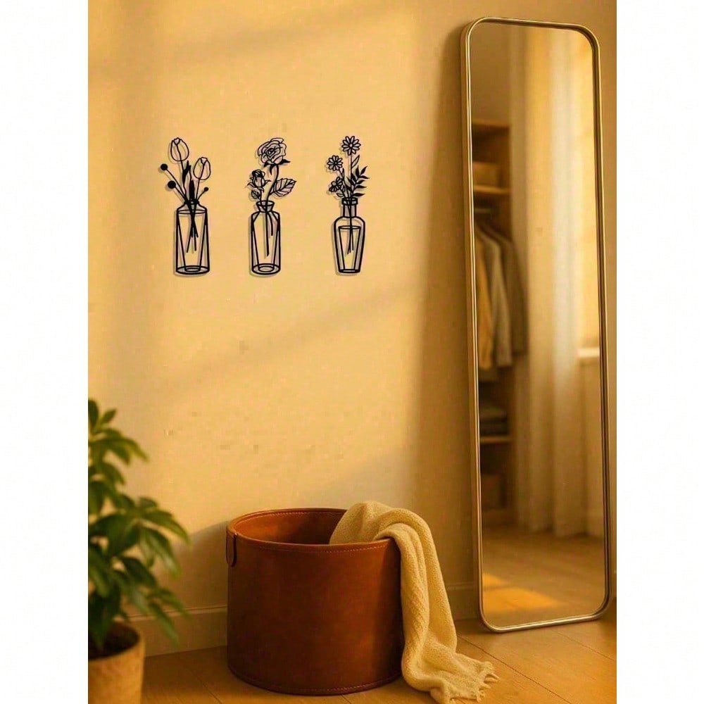 3-Piece Metal Flower Wall Art with Detachable Vase, Rustic Boho Farmhouse Decor