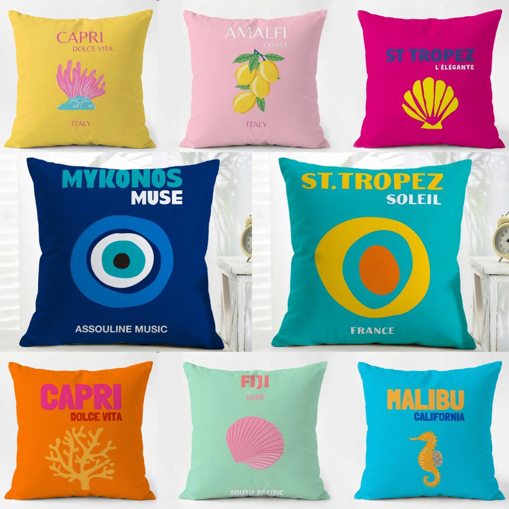 Bright Cheerful Anime Summer Travel Series Cushion Cover Washable Linen Pillowcase Soft for Daily Sofa Bed Home Room Decor