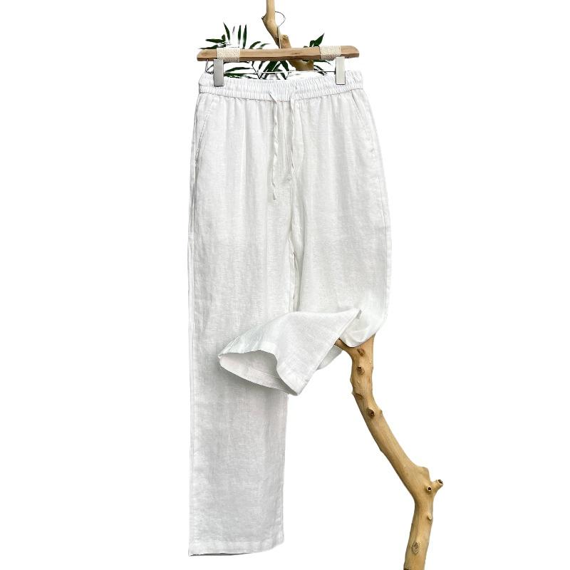 Pánské letní lněné prodyšné kalhoty z čistě barevného lnu, slim střih, volné, rovné, z lnu, ležérní
