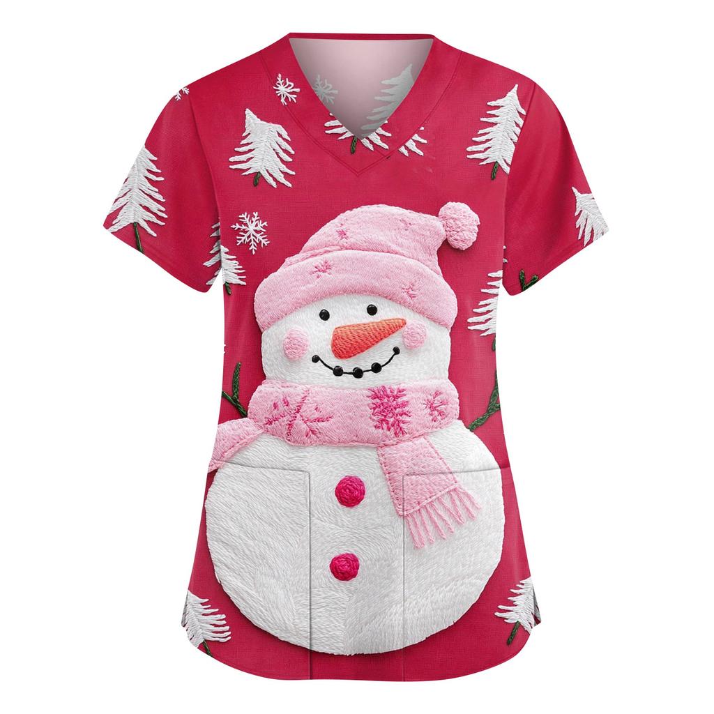 Damen Modische V-Ausschnitt Arbeitskleidung Weihnachten Bedruckt Kurzärmlig Tasche Seitenschlitz Arbeitskleidung Basic Pullover Top