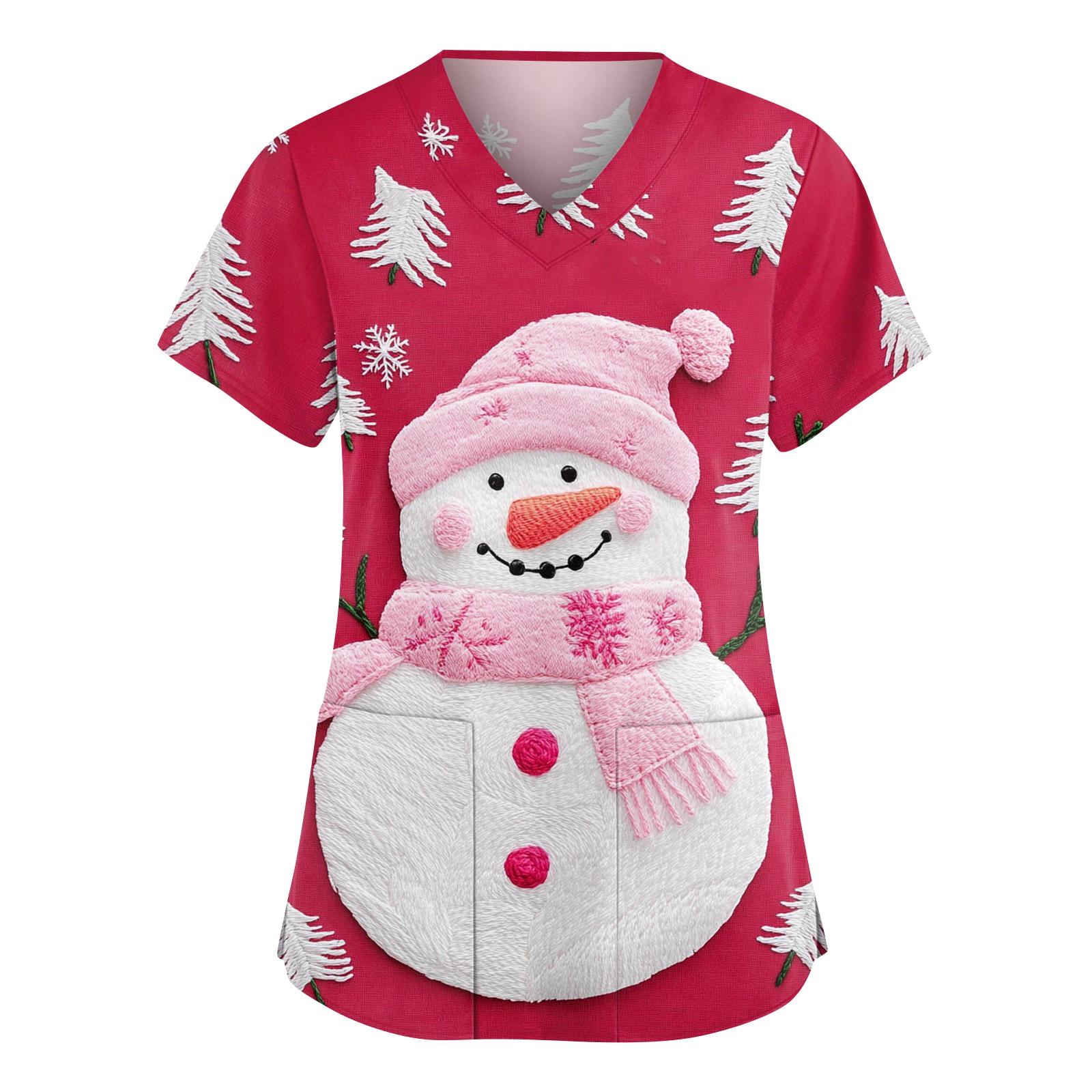 

Женский модный рабочий топ с V-образным вырезом, рождественским принтом, короткими рукавами, карманом, боковым разрезом, базовый пуловер M