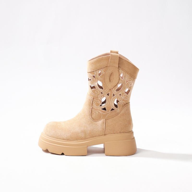 

Summer new retro western cowboy small short boots hollow breathable heightening women s boots 35 абрикосовый