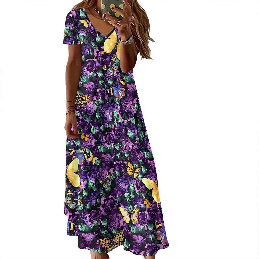 Summer Women's Short Sleeved V-neck Long Dress, 3D Fashionable Printed Pattern Dress, Casual Vacation Style.