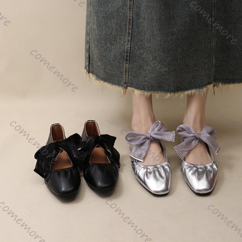 Comemore Silver Ballet Flat Shoes Temperament Shallow Mouth Lace Up Casual Mary Jane Shoe Women Spring Autumn Soft Leather Flats