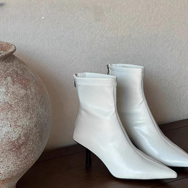 2025 Spring Pointed Toe Women Modern Ankle Boots Fashion Soft Leather Short Booties Concise High Heels Shoes