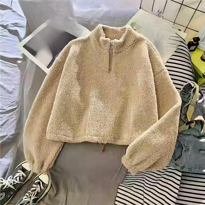 

Полувысокий воротник плюс бархат утолщенный ягненок флис короткий свитер женский осенне-зимний теплая куртка XL хаки