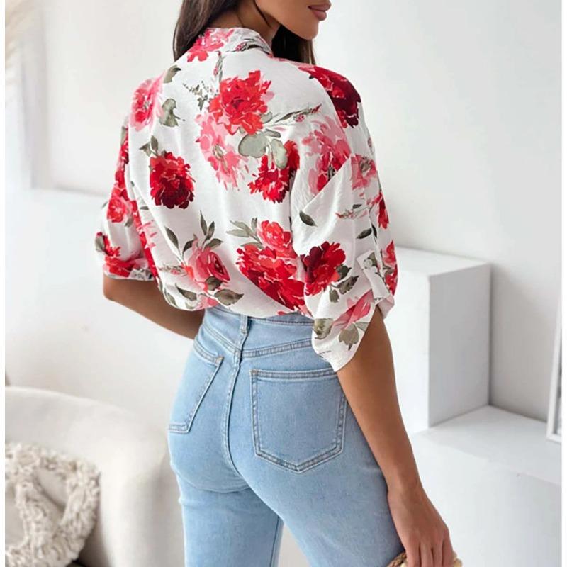 Nueva blusa holgada de manga tres cuartos con estampado y botonadura sencilla para mujer, colección primavera-verano.