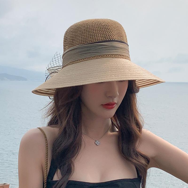 Summer ladies organza flower knitted head big edge beach hat outdoor shading sun protection travel fisherman hat tide