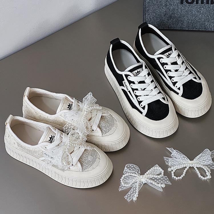 Lace Mesh Hollow Breathable Little White Shoes Women's Summer Pearl Bow Thick Sole Non-slip Biscuit Board Shoes