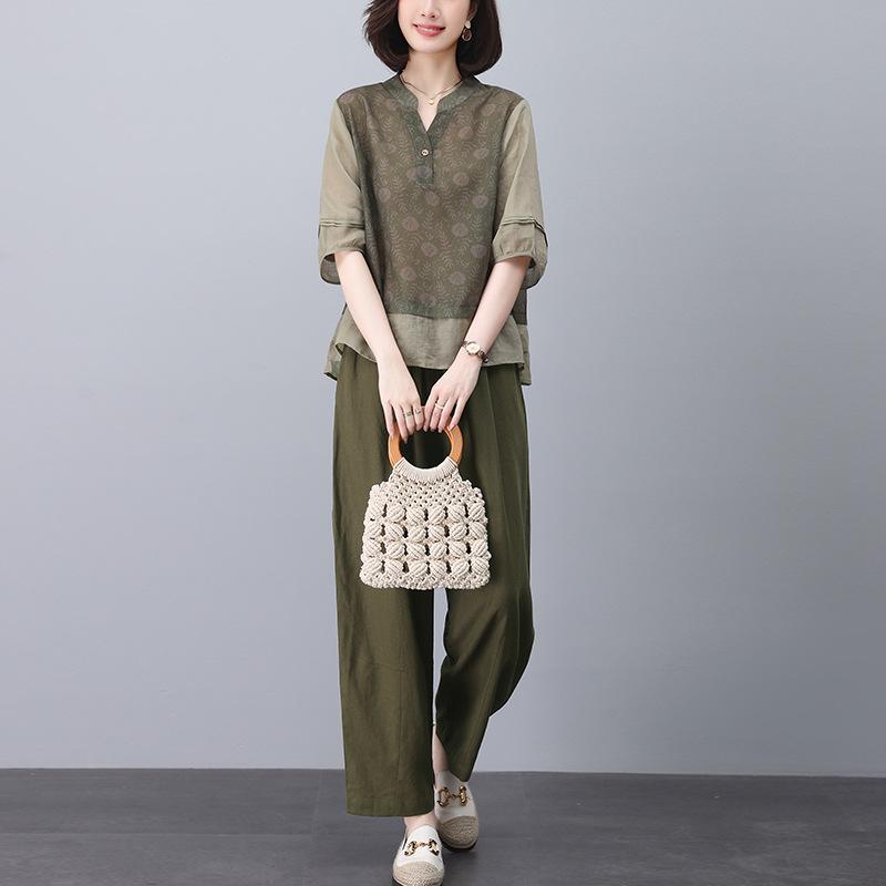 Dámský letní lněný ležérní oblek 2024: Módní bavlněno-lněný dvoudílný set pro ženy středního věku, plus size, drobné maminky