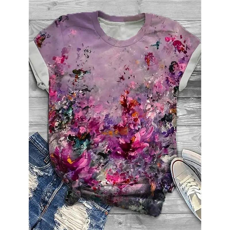 

Women s T-shirts Flower Holiday Weekend Yellow Pink Blue Printed Round Neck Short Sleeve Tops XS