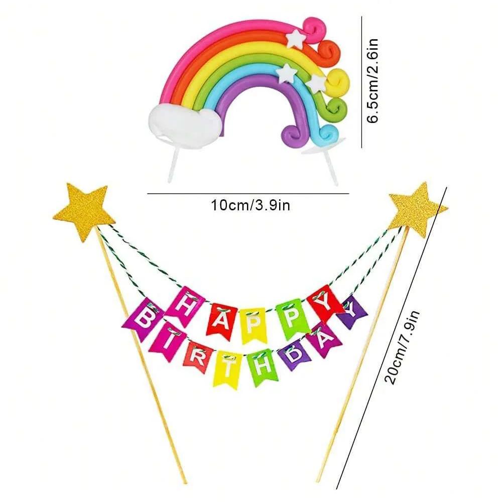Happy Birthday Banner Topper Handmade Cupcake Topper Including Colorful Rainbow Clouds Balloon Stars Picks Party Decoration