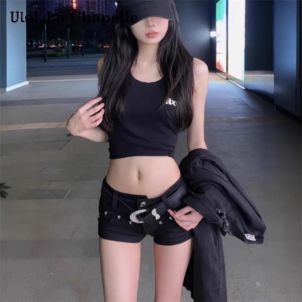Women's Low-Waist Black Denim Rivet Shorts - 2026 Summer A-Line Trend