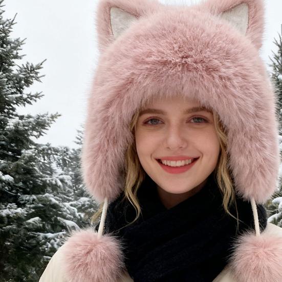Winter Hat Faux Fur Ear Protective Cap Fox Ear Decor Soft Plush Lined Windproof Warm Winter Headwear