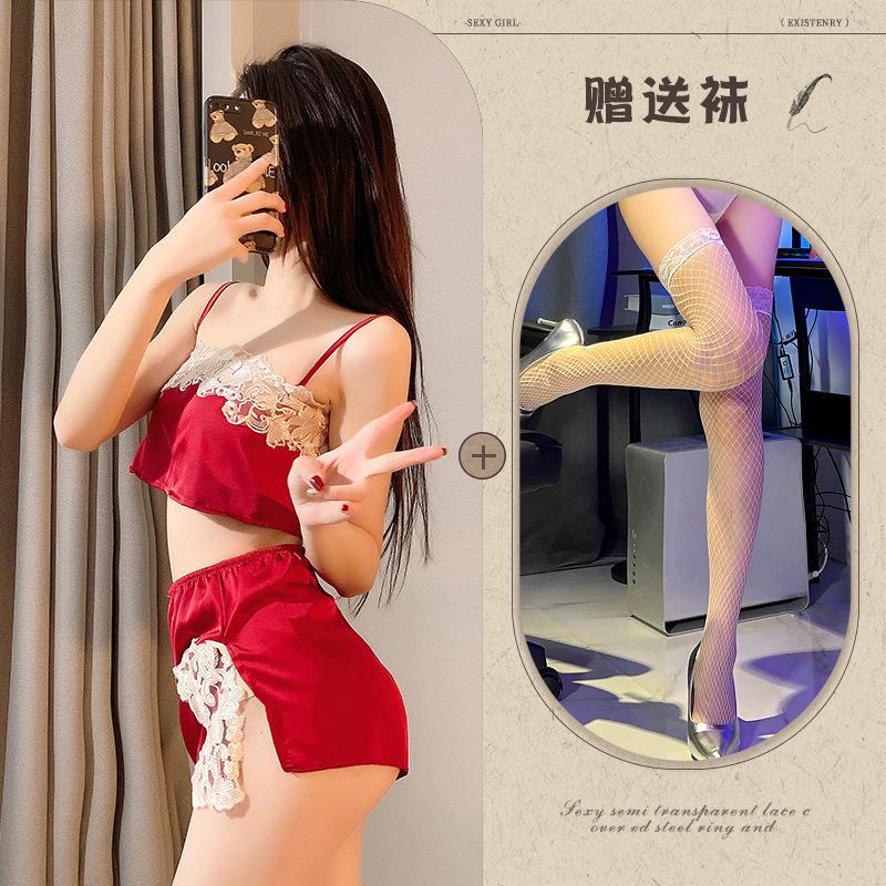 New sexy underwear, sexy lace, breathable suspenders, split pajamas, ice silk two-piece tube top.