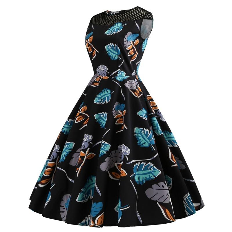 Eaby's New Retro Sleeveless Hollowed-out Gauze Leaf Printing Big Pendulum Dress