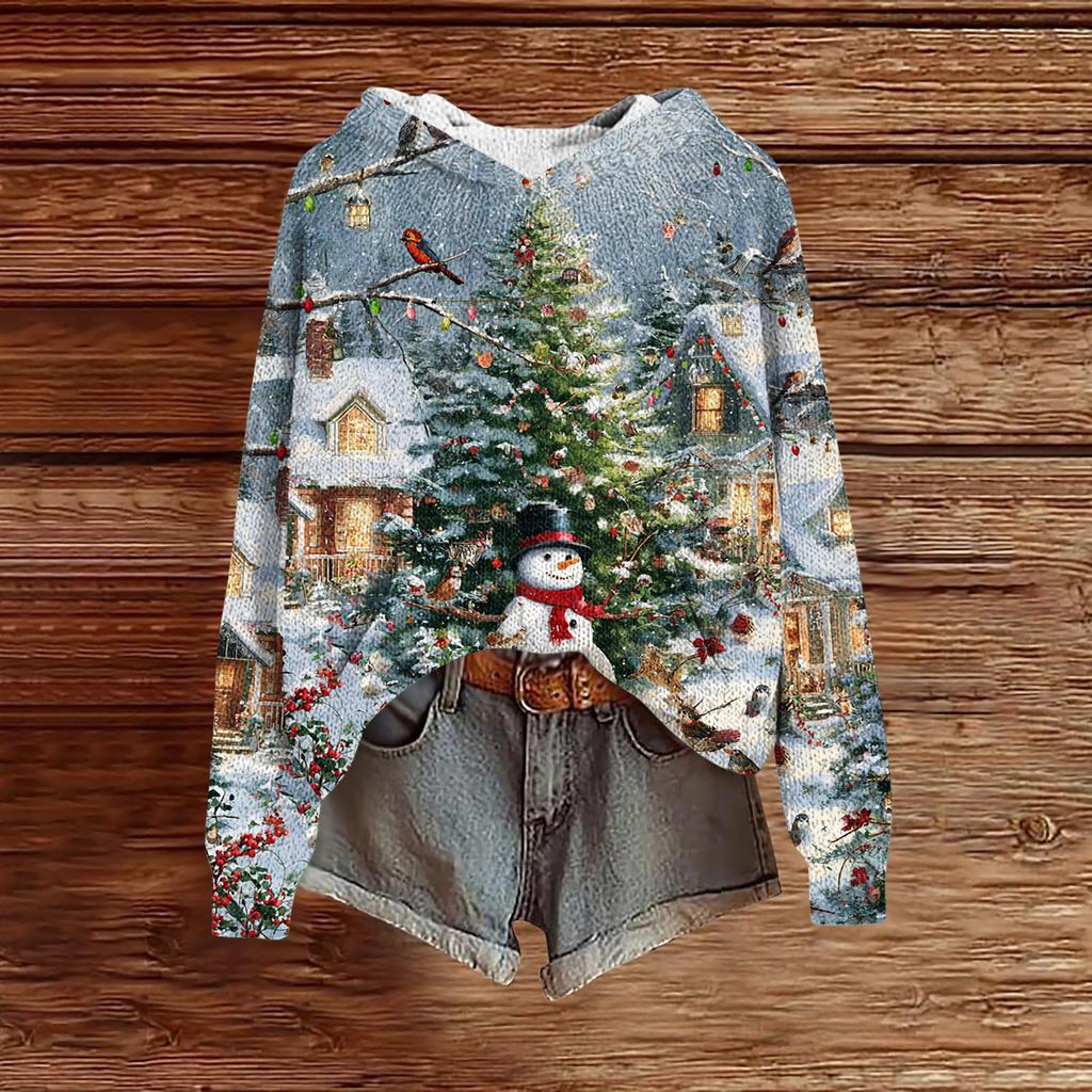 Women's Fashion Casual Long Sleeve Christmas Print Hooded Knitted Sweatshirt
