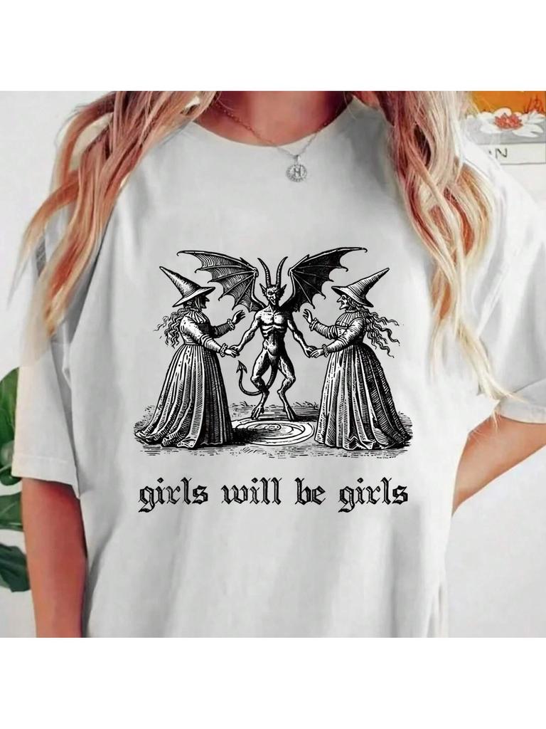 Two Witches Summon Demons With Letters Round Neck Wounisex T-Shirt Short Sleeve Fashion Print Half Sleeve Shirt Stretch T-Shirt
