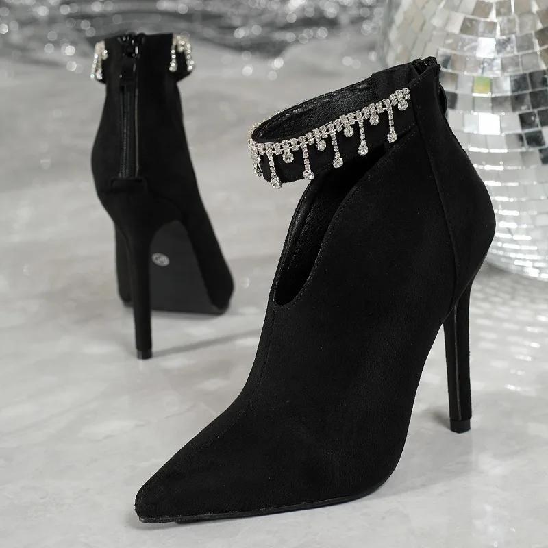 Eilyken Весенняя Мода Кристалл Танец Бриллиант Острый Носок Молния Туфли-Лодочки Женские Ботинки Сексуальные Каблуки Шпильки Обувь для Стриптиза 42 чёрный 4590₽