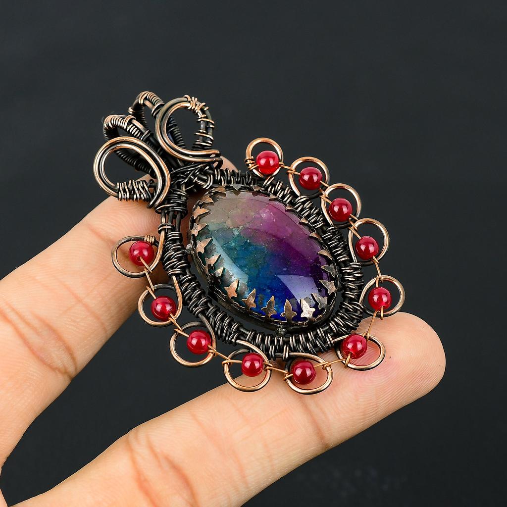 Rainbow Solar Quartz, Garnet Copper Wire Wrap Pendant 2.76" J2y99