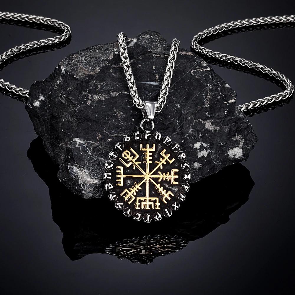 Classic Norse 24 Runes Viking Compass Necklaces Mens Amulet Vegvisir Pendant Stainless Steel Chain Icelandic Male Jewelry Gifts