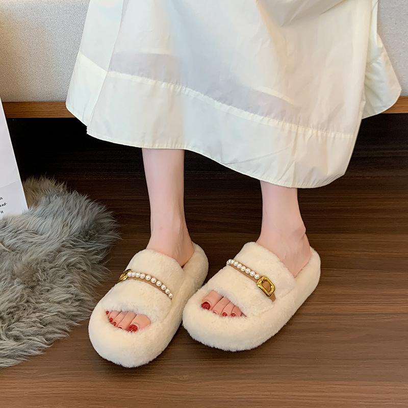 Pearl fluffy slippers women's wear 2025 autumn new thick bottom Internet celebrity fleece cotton mop home word casual hair mop