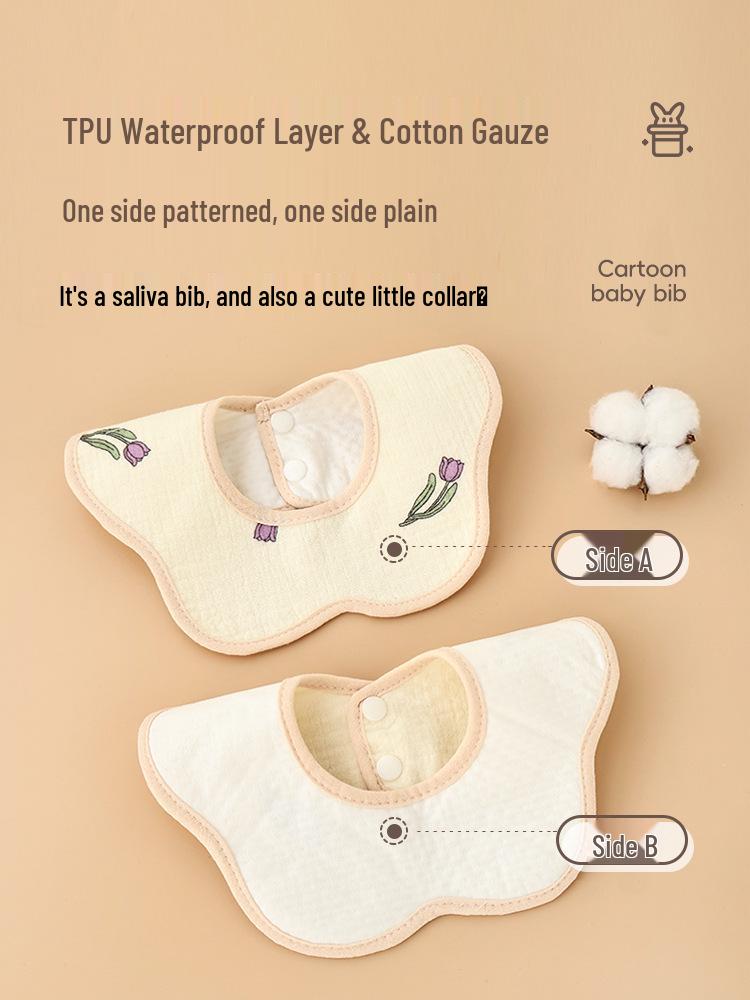 Waterproof Crêpe Fabric Baby Bib - Petal Design, Cotton Autumn/Winter Model for Newborns and Infants.