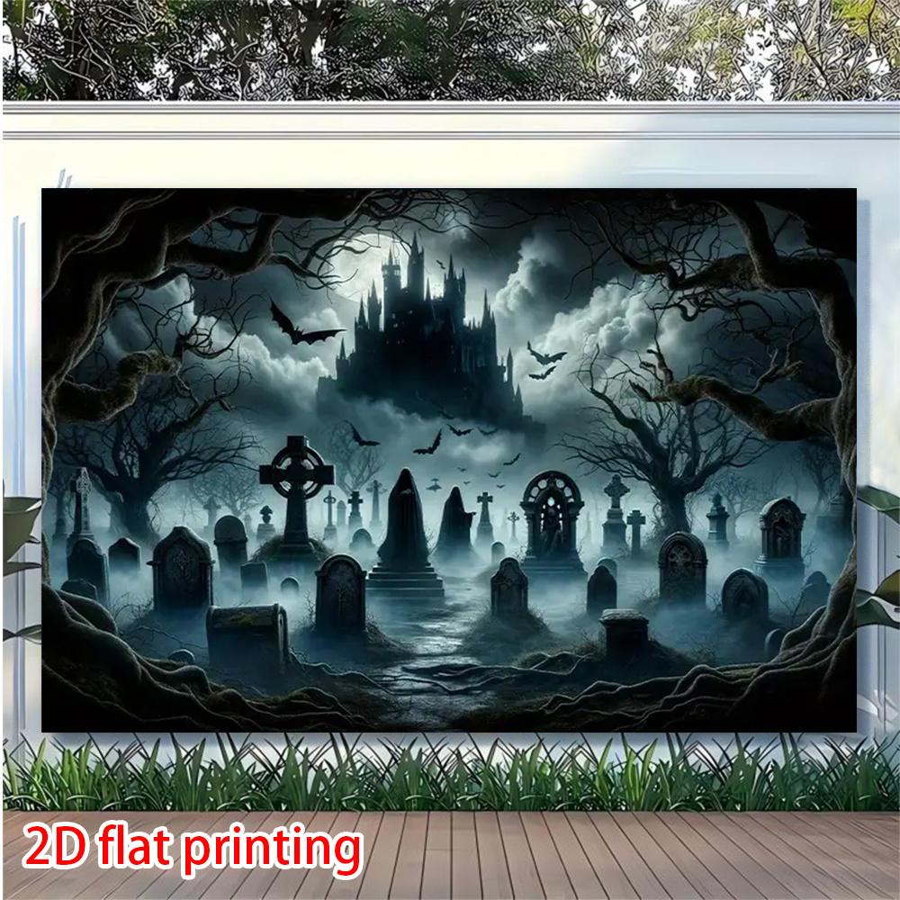 2D flat banner 1 Halloween party background banner eerie cemetery bats terrifying castle.PMJ