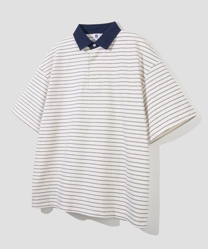 AGOD Contrast Denim Collar Stripe Half T-Shirt [Ivory]
