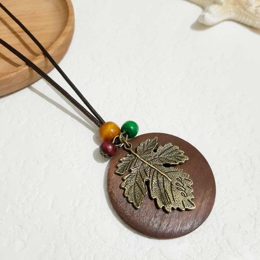 Boho Wooden Pendant Necklace Hollow Leaves Clothing Pendant Vintage Sweater Chain Gifts