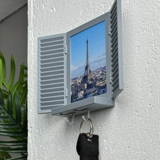 Mediterranean Window Photo Key Holder, Wall Mount Picture Frame Key Hanger, Decorative Window Key Hook Rack for Home, Office