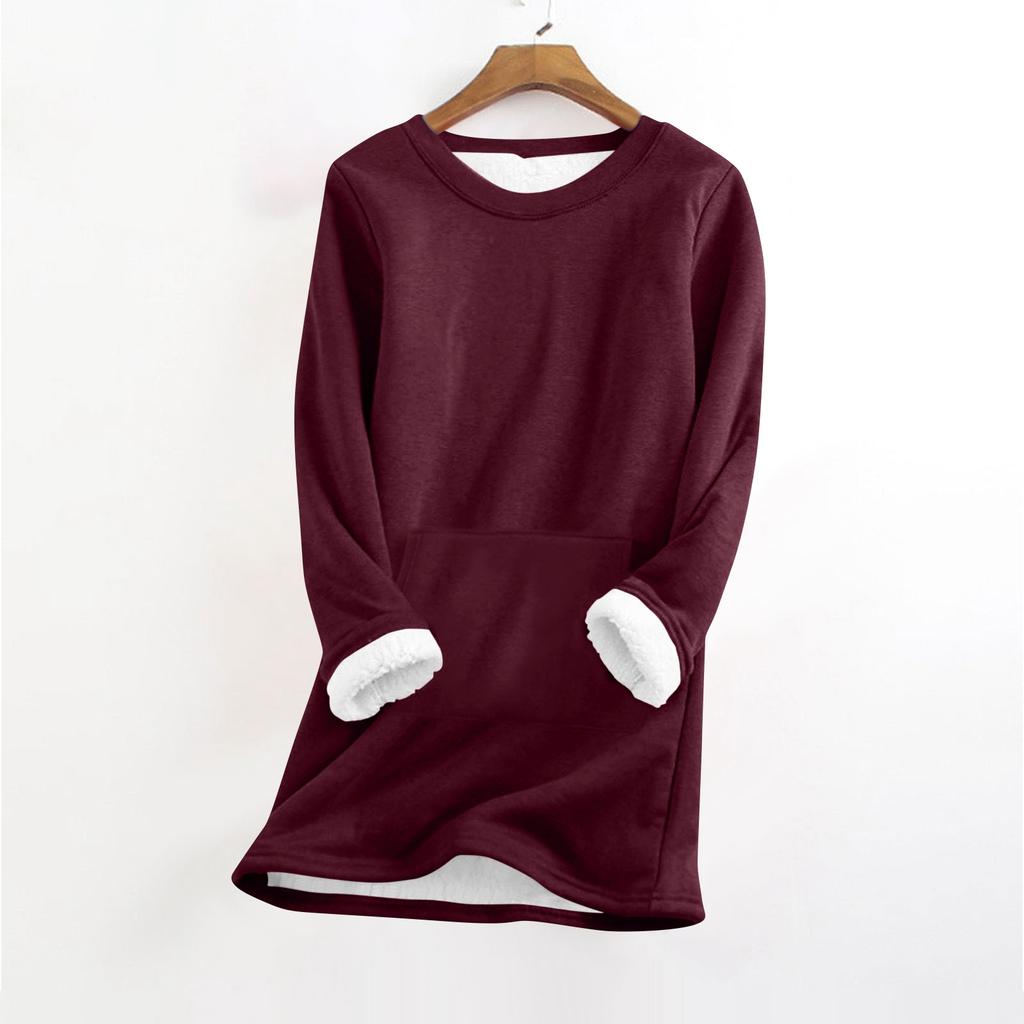 Women's Fashionable Solid Color Round Neck Long Sleeved Plush Warm Pullover Top