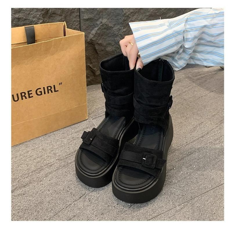 2025 Summer Women's 7cm Platform Sandals Retro Roman Strappy Sandals with Hidden Wedge Heel,Chunky High Heel Ankle Booties
