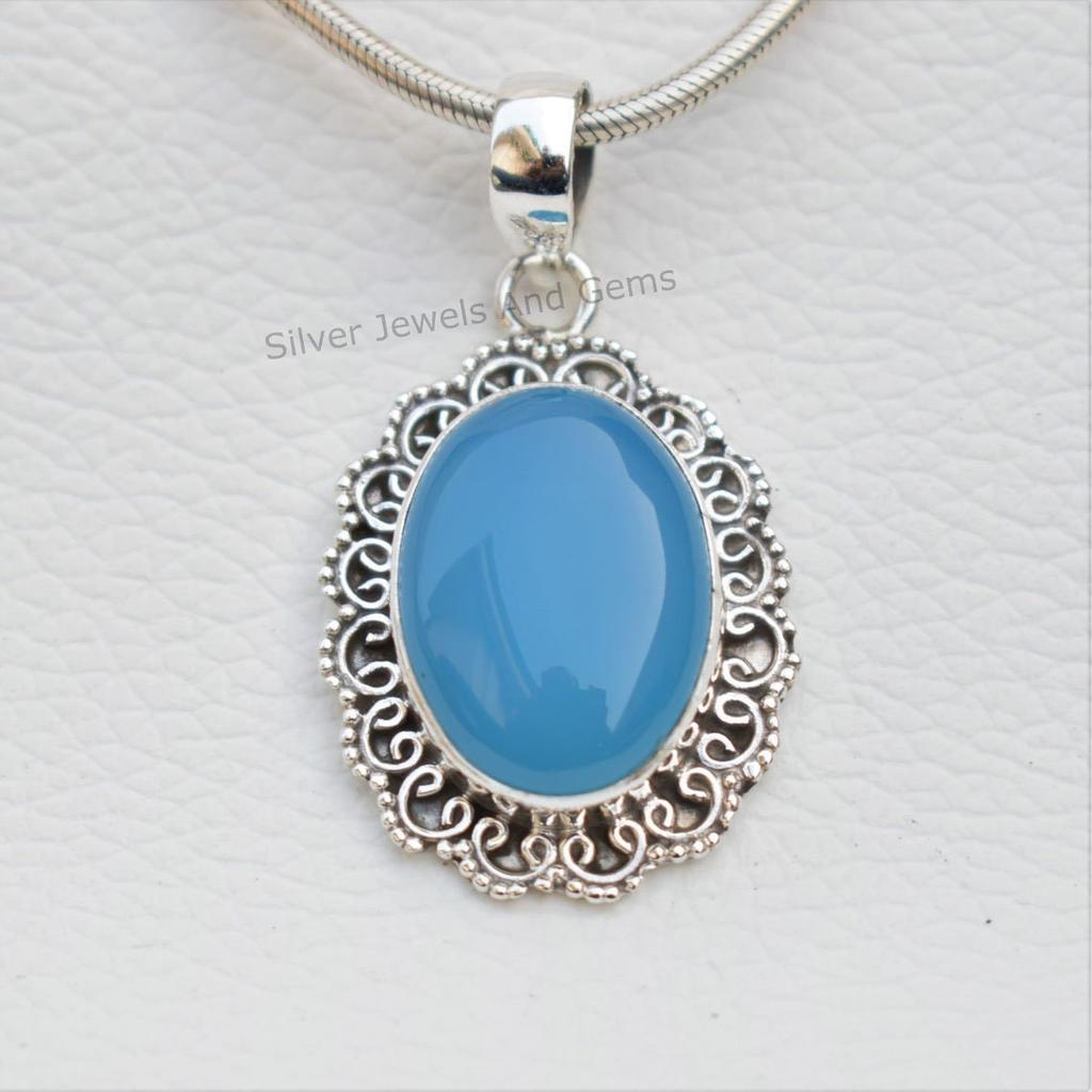 Blue Chalcedony Pendant, Boho Pendant, 925 Sterling Silver Oval Pendant, Sagittarius Birthstone, Gift For Her, Handmade Pendant