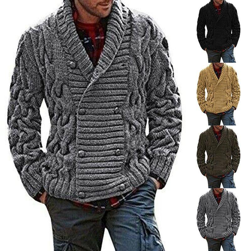 Thick Mens Knitted Shawl Collar Double Breasted Cable Knitwear Cardigan Sweater